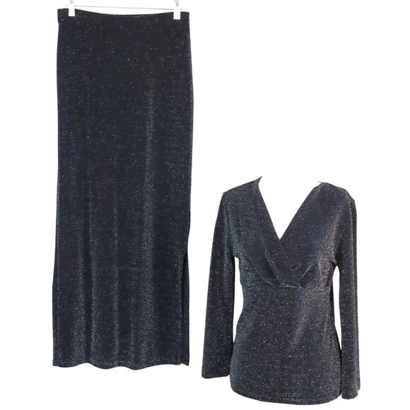 Vintage 90s Y2K Black Glitter Maxi Skirt Set Metallic Gray Party Going out Large - Picture 1 of 10